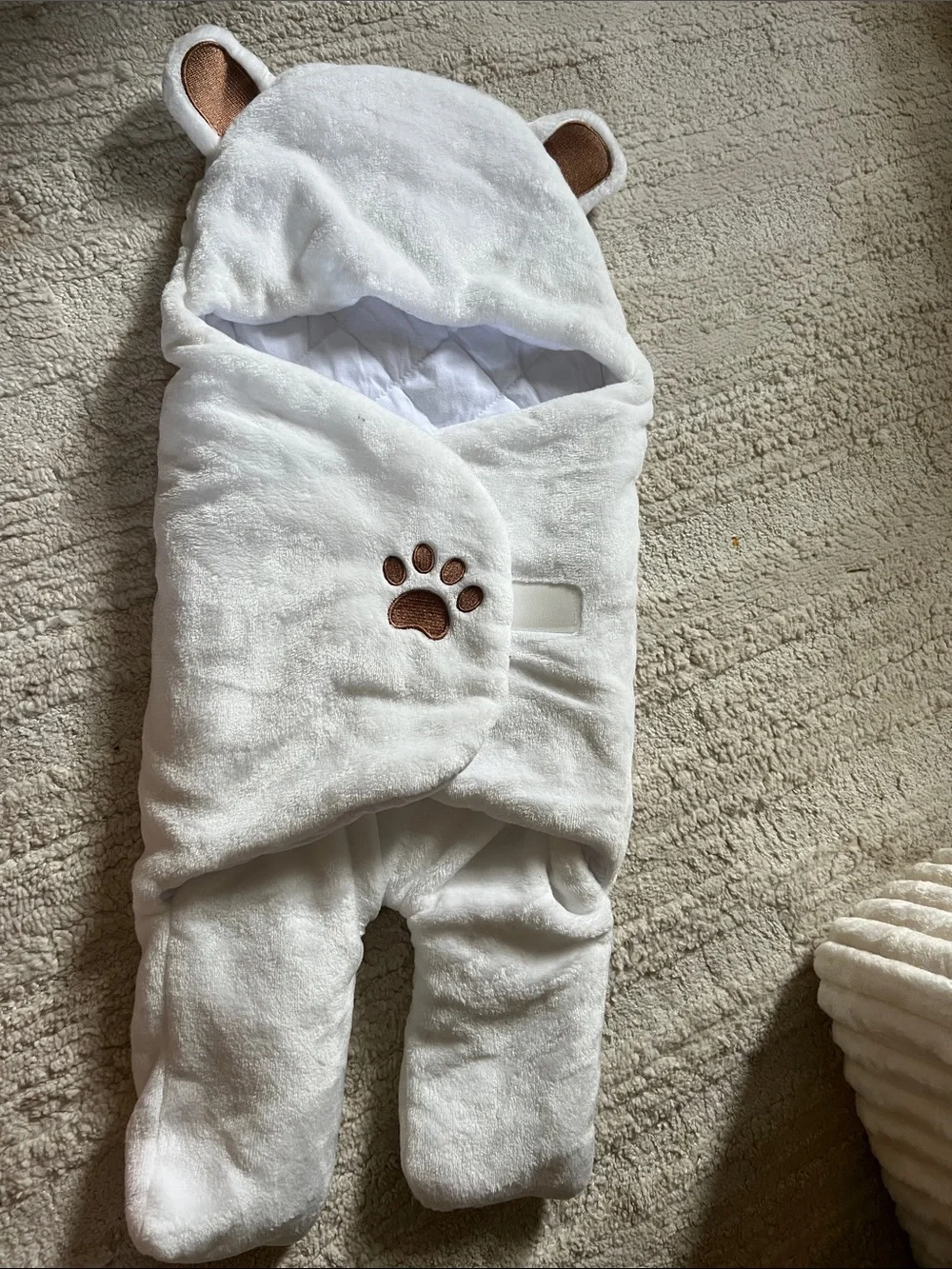 Plush White Hooded Baby Sleep Sack with Brown Paw Accent